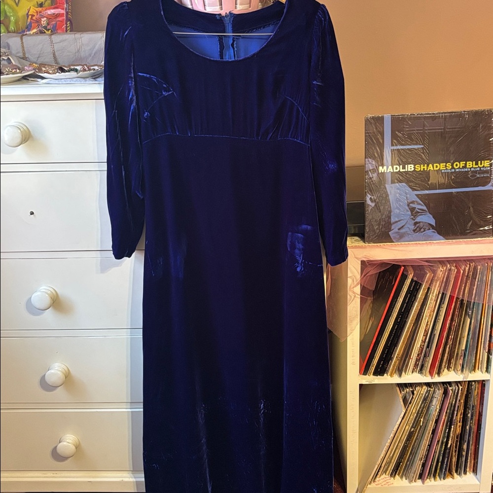 Vintage 70’s Milkmaid Velvet Goth Blue Peasant Gunne Sax 80’s Maxi Dress Gown M